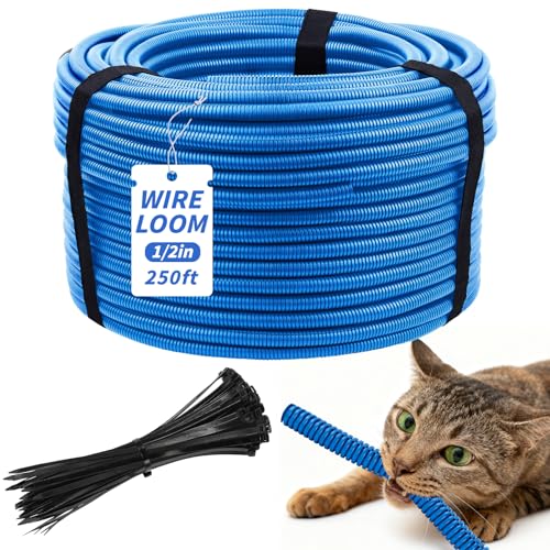250FT Blue Split Wire Loom Tubing, 1/2 Inch Wire Protector Tubing, Automotive Wire Flexible Conduit Cord Covers with Installation Tool 50 Cable Ties for Marine Agriculture Electrical Cable Protection - color: Blue, size: 1/2in x 250ft