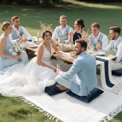 Beeveer Extra Large Outdoor Boho Picnic Blanket 91'' x 71'' Blue Table Runner 6 Throw Pillow Cover Woven Cotton Yarn Oversize Beach Blanket Washable for Picnic Camp Wedding - color: Blue, size: Fit 4-6 People 91'' X 71''