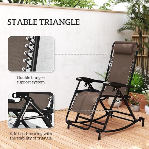 Outsunny Outdoor Rocking Chairs, Foldable Reclining Zero Gravity Lounge Rocker with Pillow, Cup & Phone Holder, Combo Design with Folding Legs, Brown - color: Brown, size: 1 Pack