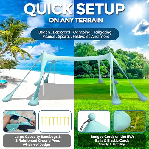 Beach Canopy Beach Tent Pop Up Shade 10x10ft Sun Shelter UPF50+ with 8 Sandbags-2 Sand Shovel-4 Aluminum Poles-Ground Pegs-Portable Carrying Bag for Outdoor Family Camping Fishing Yard Picnic - color: Turquoise