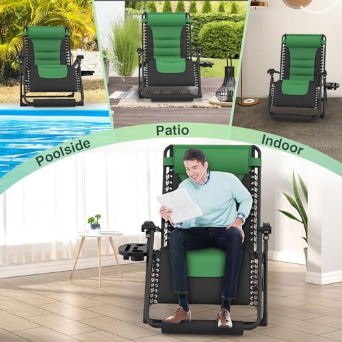 Suteck Oversized Zero Gravity Chair 29In XL Reclining Camping Chair w/Build-in Cushion, Outdoor Lounge Chairs Patio Recliner with Larger Cup Holder Footrest Padded Headrest, 330LBS, Green&Black - color: Green&black, style: 29Inch