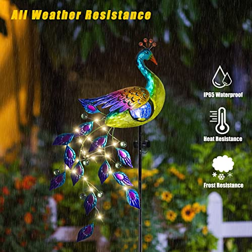 DREAMSOUL Solar Garden Lights Outdoor, Metal Peacock Decor Solar Lights Garden Stakes with Led String Lights, Waterproof Crackle Glass Ball Landscape Path Light for Lawn Patio - color: Multi-colored
