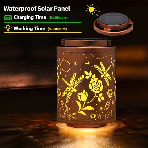 Solar Outdoor Lanterns, Dragonfly Garden Decor LED Light Hanging Waterproof Solar Lantern Birthday Gifts for Women Mon Grandma Sunflower Solar Lights Outdoor Decoration for Patio - style: Dragonfly