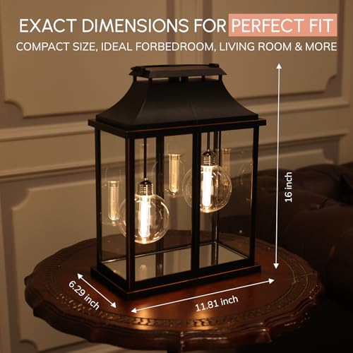 Modern Farmhouse Lanterns, Black Plastic Clear Glass Shade Lanterns Decor –3AA Battery Powered, with 2 G100 LED Vintage Bulbs & Timer(6/18),Ideal for Porch, Patio, Indoor Tables & Mantelpiece.