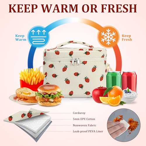 TESAFNG Insulated Lunch Bag for Women, Cute Corduroy Reusable Lunch Box for Adult, Leakproof Cooler Bag for Work Office Travel Picnic, Lunch Tote Bag with Adjustable Shoulder Strap (Strawberry) - color: Strawberry