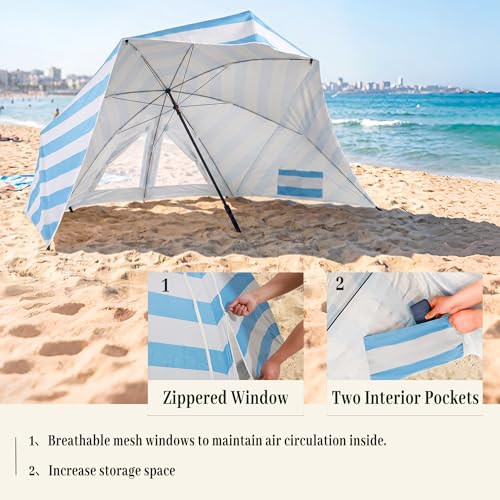 UPWELL Beach Tent Easy Set Up Canopy Sun Shelter Shade with UPF 50+UV Protection Portable Beach Umbrella Outdoor Sunwall with Sand Pockets for Fishing Backyard Camping(Sea Salt Stripe) - color: Sea Salt Stripe