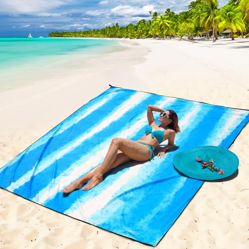 WIWIGO Beach Blanket Waterproof Sandproof Beach Mat 79" X 83"/10'x9'for 2-8 Adults Quick Drying Outdoor Picnic Mat Beach Accessories for Travel, Camping, Hiking - color: Blue and White Stripes, size: 79" X 83"（1-4person）