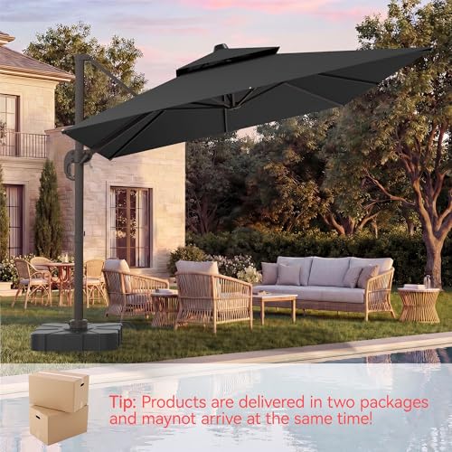10x13 FT Patio Umbrella with Base, Large Cantilever Rectangular Double Top Heavy Duty Offset Umbrellas with 361° Rotation, Outdoor shade for Garden Deck Pool Patio, Gray - color: Gray, size: 10x13 FT with Base