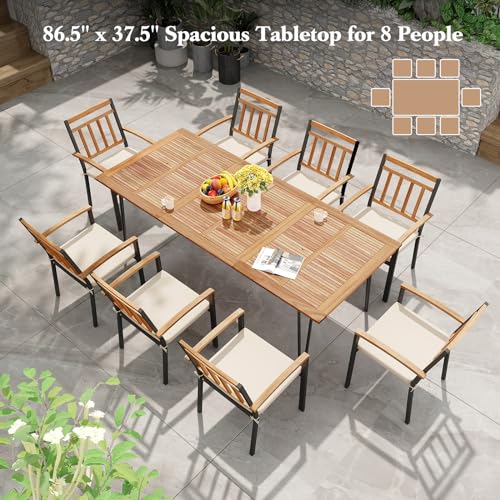 Tangkula 86.5" Large Patio Dining Table for 8, Acacia Wood 8-Person Dining Table with 2" Umbrella Hole & Metal Legs & Adjustable Foot Pads, Rectangular Outside Table for Garden, Poolside & Backyard - size: 86.5"