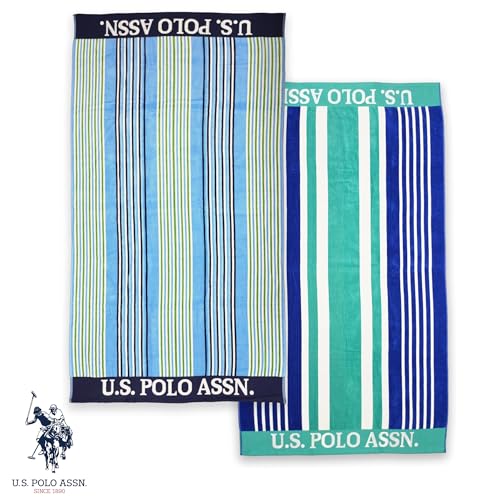 U.S. Polo Assn. 2-Pack Luxury Plush Cotton Oversized (40" x 70") Beach Towels, Striped Nautical Design, Hotel Quality for Bath & Pool- Blue/Green - color: Blue/Green 2, size: 40" x 70"