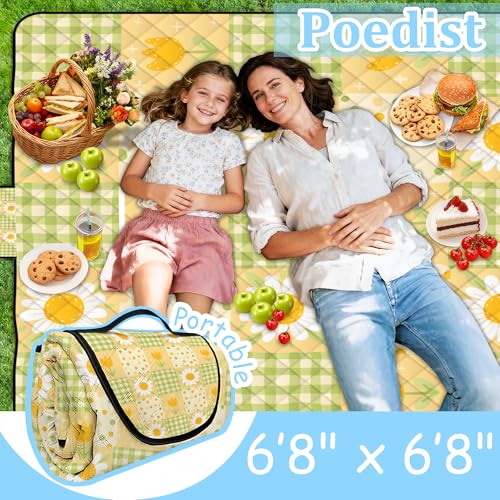 Extra Large Picnic Blanket Waterproof,80"x 80"Foldable Machine Washable Beach Blanket,Outdoor Blanket for 6-8 Adults,Suitable for Indoor Crawling,Park Beach,Camping,Hiking,Family Travel(Sunflower) - color: Yellow Sunflower, size: 6'8" x 6'8" (Square)