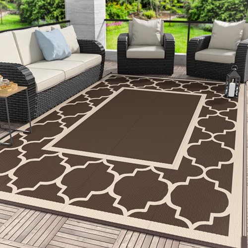 GENIMO 5' x 8' Outdoor Rug Waterproof for Patio Decor, Foldable Reversible Plastic Straw Area Rugs Mat for Camper, Outside Carpet for Rv, Deck, Porch, Picnic, Beach, Balcony, Coffee & Beige - color: Coffee&beige, size: 5' x 8' (Rectangular)