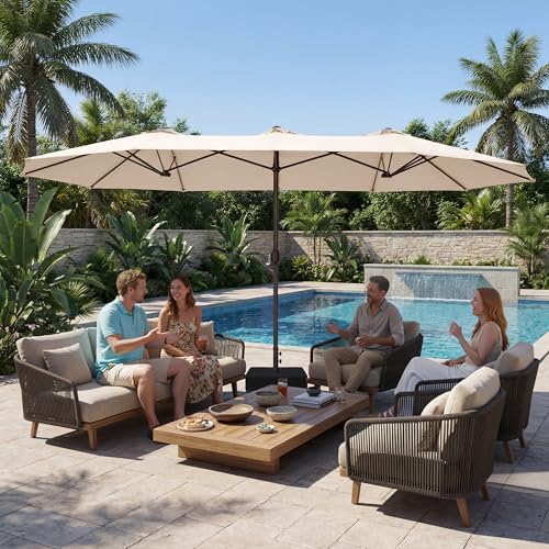 JEAREY 15ft Large Patio Umbrella with Base, Outdoor Rectangle Umbrella Double-Sided Market Umbrella with Stand for Pool, Deck, Backyard and Garden, Beige - color: Beige