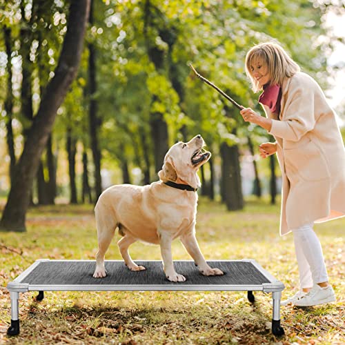 Veehoo Chew Proof Elevated Dog Bed - Cooling Raised Pet Cot - Silver Aluminum Frame and Durable Textilene Mesh Fabric, Unique Designed No-Slip Feet for Indoor or Outdoor Use, Black Silver, Large - color: Black Silver, size: 42.0"L x 30.0"W x 7.0"Th