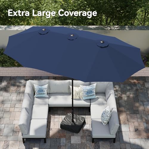 PHI VILLA 15ft Large Patio Umbrellas with Base Included, Outdoor Double-Sided Rectangle Market Umbrella with Crank Handle, for Pool Lawn Garden, Navy Blue - color: Navy Blue