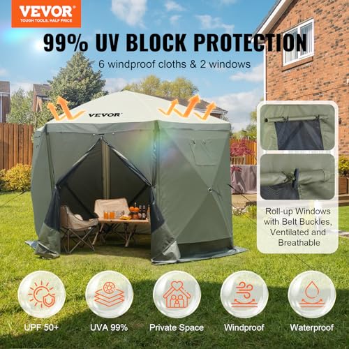 VEVOR Pop Up Gazebo Screen Tent 6 Sided Canopy Sun Shelter with 6 Removable Privacy Wind Cloths & Mesh Windows, 10x10FT Quick Set Screen Tent with Mosquito Netting, Army Green - color: Army Green, size: 10x10ft