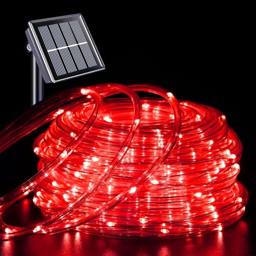 YEGUO Solar Rope Lights Outdoor Waterproof, 66ft 200 LED Red String Lights, 8 Modes Fairy Lights in Clear Thin Tube - color: Red