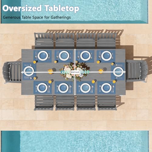 11-Piece Patio Dining Set for 10, HDPE All-Weather Outdoor Furniture with Umbrella Hole Table, 89.76” Oversized Table, 2 Armchairs & 8 Armless Chairs, Gray - color: Grey, size: Oversized Table&2 Armchairs + 8 Armless chairs