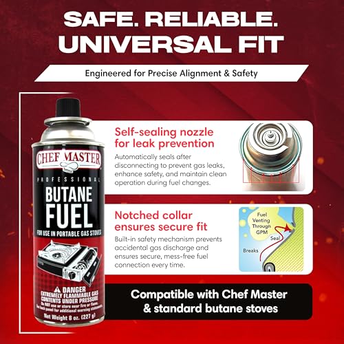 Chef Master 72x 8oz Butane Fuel Canister - Butane Torch Refill & Camp Stove Fuel - Gas Canister for Picnics, Outdoor Cooking, Grilling - Camp Stove, Torch Fuel Camping Essentials - 90340 - size: Pack of 72