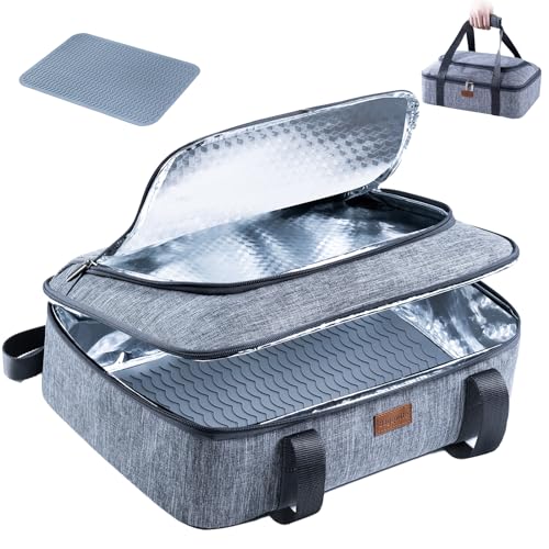 BAGSPRITE Insulated Casserole Carrier for Hot or Cold Food with Heat-resistant Mat, Casserole Dish Carrier Insulated Food Carrier, Hot Food Carrier, Foil Pan Carrier Fits 9" x 13" Baking Dish - color: Grey, size: Style A