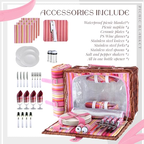 Picnic Basket Set for 4 with Waterproof Blanket Mat Insulation Bag Wicker Pink Stripe Classic Fresh Gift for Christmas Thanksgiving Wedding Birthday Camp Outdoor Beach Travel - color: Pink Stripes