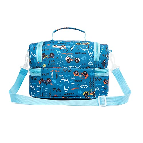 Insulated Kids Dual Compartment Lunch Bags Tote Pack for Girls Boys Toddler Kindergarten School Picnic Food Cooler Boxes with Shoulder Strap (Blue Car) - color: Blue Car