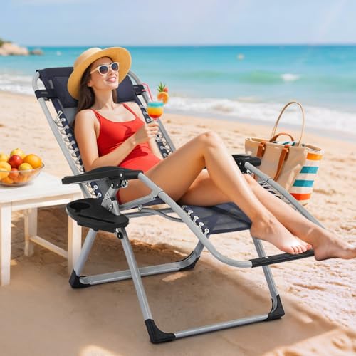 Magshion Zero Gravity Chair with Cushion, Reclining Outdoor Patio Lounge Chair, Folding Indoor Anti Gravity Recliner, Portable Lounger with Removable Cup Holder Side Tray and Pillow Headrest (Blue) - color: Blue