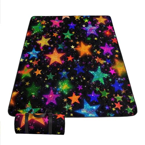 Outdoor Picnic Blanket Portable Ultrasonic Waterproof Picnic Cartoon Stars Colorful Printed Camping Beach Mat for Sand and Wet Grass Hiking (Colorful Stars-2 L - color: Colorful Stars-2, size: Extra Long - 78"x78"