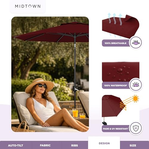 Midtown Umbrellas - The Lean 9 Ft Patio Umbrella with Fade-Resistant Sunbrella Fabric, Auto-Tilt Aluminum Frame and 8 Reinforced Ribs for Deck, Pool & Garden - Burgundy Canopy, Black Pole - color: Sunbrella Burgundy, size: 9 Feet