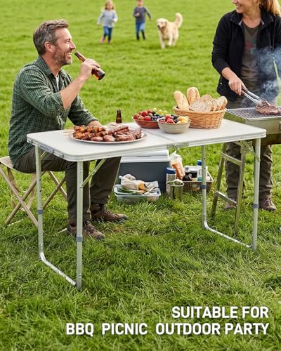 Outvita 4ft Portable Folding Camping Table, Outdoor Waterproof Adjustable Height Table, Aluminum Lightweight Suitcase Foldable Table for Picnic BBQ Beach Dining - color: Silver, size: 47*24*28