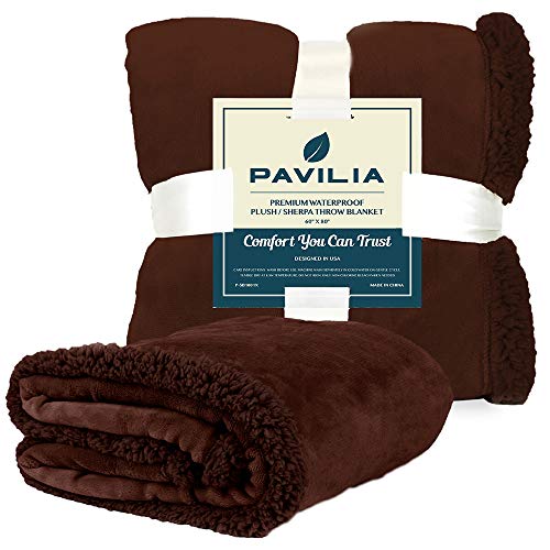 Pavilia Waterproof Couch & Dog Blanket | Plush Soft Warm Fuzzy Sherpa, Brown, 90x90 - color: Brown, size: 90x90 Inches