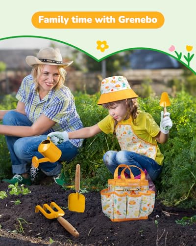 Grenebo Kids Gardening Set Toys,Includes Metal Trowel,Transplanting Shovel,Garden hat,Rake,Apron,Gloves,Watering Can,and Tool Organizer Bag (Yellow) - color: E-yellow