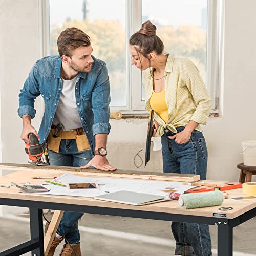 WORKPRO 60" Adjustable Workbench, Rubber Wood Top Heavy-Duty Workstation, 2000 LBS Load Capacity Hardwood Worktable with Power Outlets, for Workshop, Garage - size: 5ft Workbench