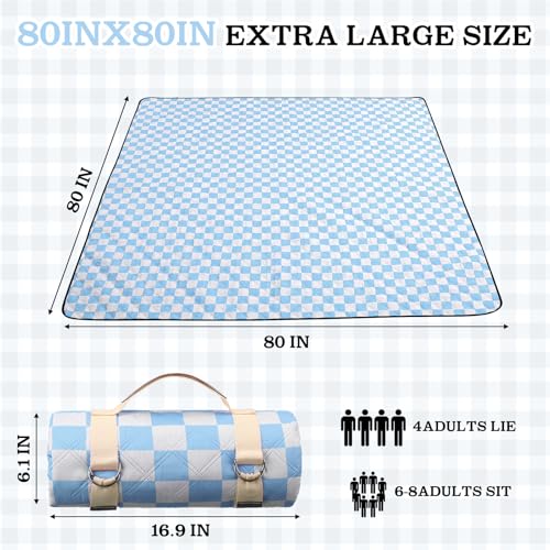 Nuanchu Checkered Picnic Blanket Extra Large Outdoor Blanket Sandproof 80"x80" Waterproof Portable Machine Washable 3 Layer Thick Gingham Picnic Mat for Beach Camping Park Grass Travel(Light Blue) - color: Light Blue