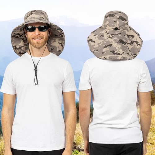 SUN CUBE Wide Brim Sun Hat with Neck Flap, UPF50+ Hiking Safari Fishing Hat for Men Women, Sun Protection Beach Hat - color: Gray Camo