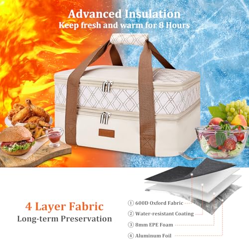Expandable Casserole Carrier Bag - Double Decker Food Bag, Insulated Casserole Carrier for Hot or Cold Food, Lasagna Holder Tote for Picnics,Beaches,Traveling or Gifts - color: Beige