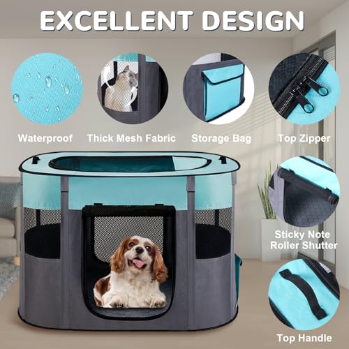 Portable Dog Cat Playpen with Waterproof Pad,Collapsible Pet Puppy Kitten Crate,Foldable Small Animals Kennel Cage for Indoor Outdoor Travel Camping,Water-Resistant Breathable Shade Cover (Green M) - color: Green, style: Medium(32*24*22)