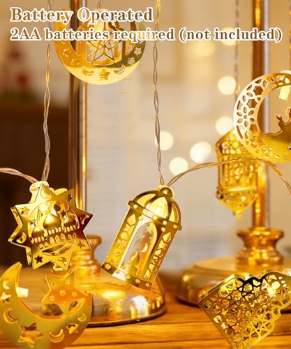 Ramadan Eid Mubarak Lights, 10 LED Battery Operated Eid Mubarak Lights with Metal Moon Star Lantern Ramadan Kareem, Islamic Home Decor for Bedroom Mantle Window Tree Fireplace Party - style: Vintage