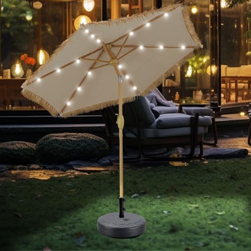 GDY 7.5ft Tiki Patio Umbrella and Matching Base, Outdoor Table Umbrella with 18 LED Lights, Market Umbrellas for Garden, Beach, Deck, Backyard & Pool - color: Thatch+18 Lights, size: Umbrella+Base