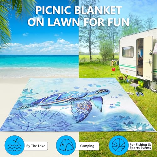 AISPARKY Beach Blanket Waterproof Sandproof Extra Large, Oversized Beach Mat, Quick Drying&Compact&Lightweight, Picnic Blankets Vacation Essentials for Outdoor Beach Camping (79" X 83" (4 Person)) - color: Blue - Turtle, size: 6'11" x 6'7"