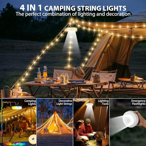 Camping String Lights, 4 in 1 Quick Storage Camping Essentials Gear 32.8FT Rechargeable Tent Lights with 9 Modes Hanging Waterproof LED Camp Lamp for Camping Hiking Patio Garden Festival-Black - color: Warm & RGB-Black, size: 1PACK