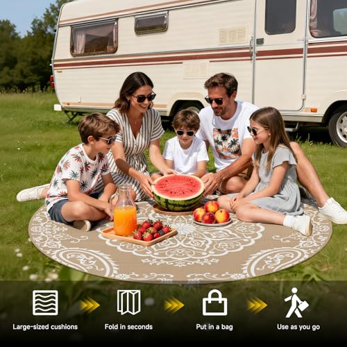 Pauwer Waterproof Outdoor Rug 6ft, Reversible Plastic Straw Patio Camping Rug, Indoor Outdoor RV Mat Carpet for Deck, Camper, Porch, Balcony, Backyard, Picnic, Boho Brown - color: Boho Brown, size: 6' (Round)