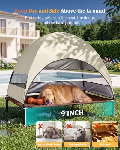 Elevated Outdoor Dog Bed with Canopy, Raised Dog Cot with Stable Adjustable Feet, Dog Camping Bed with Larger Shade, Lifted Dog Tent Bed with Canopy for Outside (Beige, X-Large) - color: Beige, size: X-Large