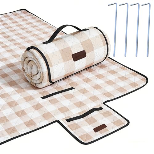 HX&OD Outdoor Picnic Blanket, Extra Large, 80''x60'' Waterproof Foldable Blankets Gingham Picnic Mat for Beach, Camping Grass Lawn Park Accessories Cute Couple Ideas Wedding (Light Brown, 80”x60”) - color: Light Brown, size: 5' x 6'8" (Square)