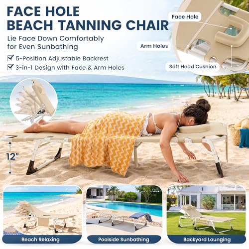 ABORON 4-in-1 Lounge Chair with Face & Arm Holes for Tanning, 440LB Heavy-Duty Folding Recliner with Plush Cotton Cushion, No Assembly Tri-Fold Guest Bed for Sunbathing, Poolside, Office Nap & Camping - color: Camel Hearth Standard