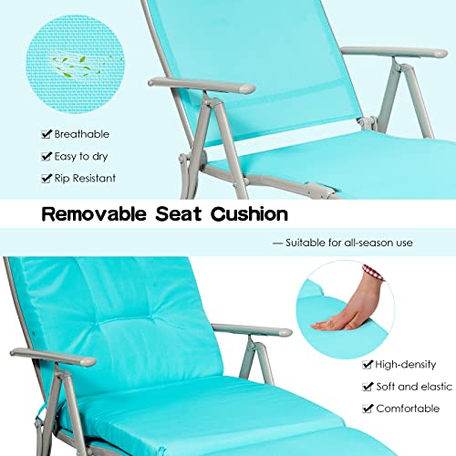 Giantex Chaise Lounge Chair for Outside, Pool Folding Reclining Beach Chair W/Removable Cushion&Headrest Pillow, Outdoor Lounge Chaise w/ 7 Backrest Positions, Portable Patio Lounger (1, Turquoise) - color: Turquoise