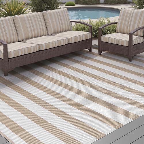PureCozy Outdoor Waterproof Patio Rug 5x8 Plastic Straw Reversible Lightweight Outside Beige Striped Large Carpet Outdoor for Camping RV Porch Deck Balcony Beach - color: Stripe | Beige, size: 5' x 8' (Rectangular)