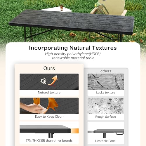 VSOAEIL Folding Table 6 Foot for Indoor Outdoor, Portable Heavy Duty Fold-in-Half Utility Plastic Foldable Dining Table with Carrying Handle for Picnic, Camping and Party, Matte Black - color: Black, size: 6 FT - 1 PACK