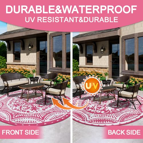 Capslpad 6x6 Floral Outdoor Rug for Patio Clearance Reversible Mat Round Portable Plastic Straw Carpet Waterproof Boho Indoor Outside Area Rugs for RV Camping Picnic Balcony Beach Deck, Pink - color: Pink, size: 6' (Round)