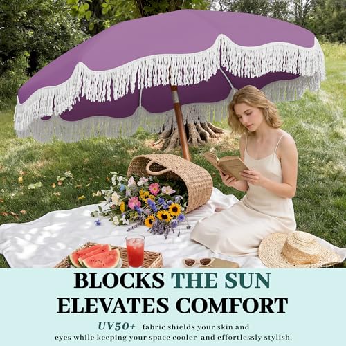 AreShark 7ft Patio Umbrella with Fringe, UPF50+ Beach Umbrella for Table, Pool & Garden, Portable Outdoor Tassels Umbrella w/Fiberglass Ribs&Push Bottom Tilt(Lavender) - color: Lavender, size: 7FT